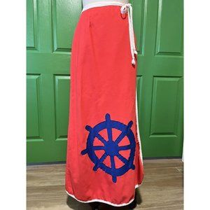 Vintage 70's Nautical Red Long Wrap Skirt With BlueApplique Helm 26"-30" waist